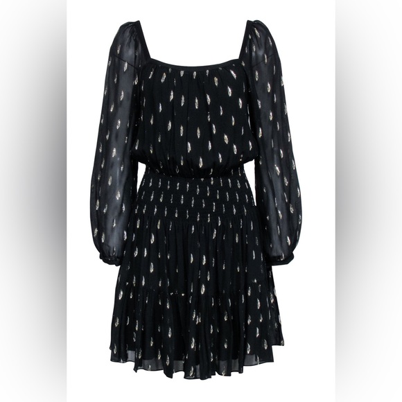 Rebecca Taylor Black Long Sleeve Dress w/ Metallic Gold Details & Smocked Waist - Picture 4 of 7